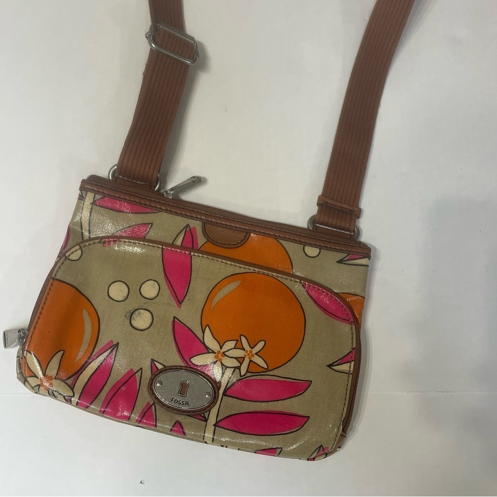 Fossil Women's Floral Crossbody Bag - Pink, Orange, and Brown. Pre-owned. Stain.